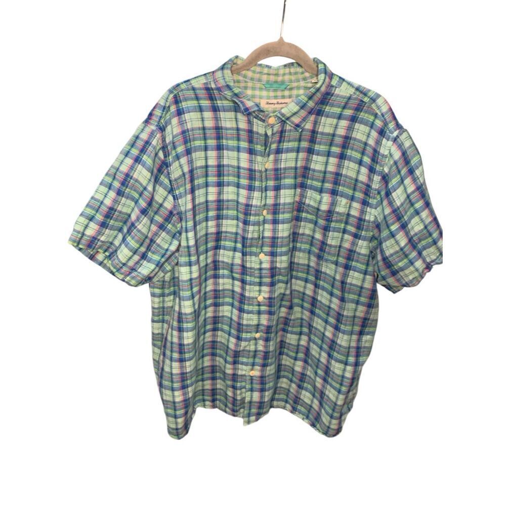 Tommy Bahama Mens Multicolor Plaid Button Front Short Sleeve Casual Shirt Sz 2XL